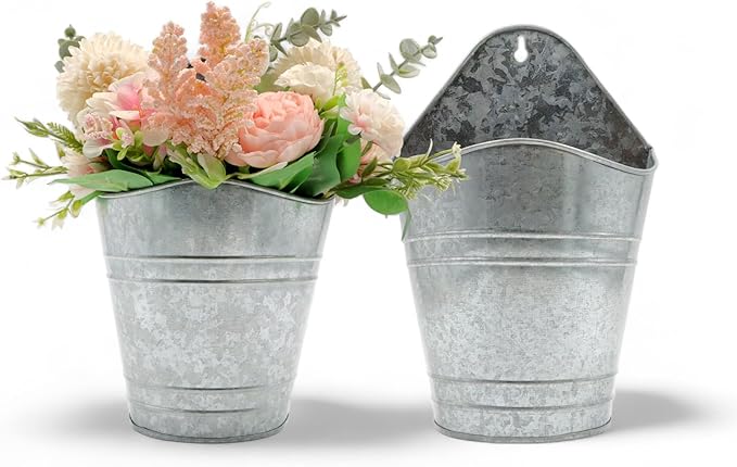 Hosley Set of 2 Galvanized Wall Planters, 10 Inch Hanging Metal Buckets for Indoor Outdoor Garden, Farmhouse Wall Decor, Rustic Patio & Balcony Planter Pots