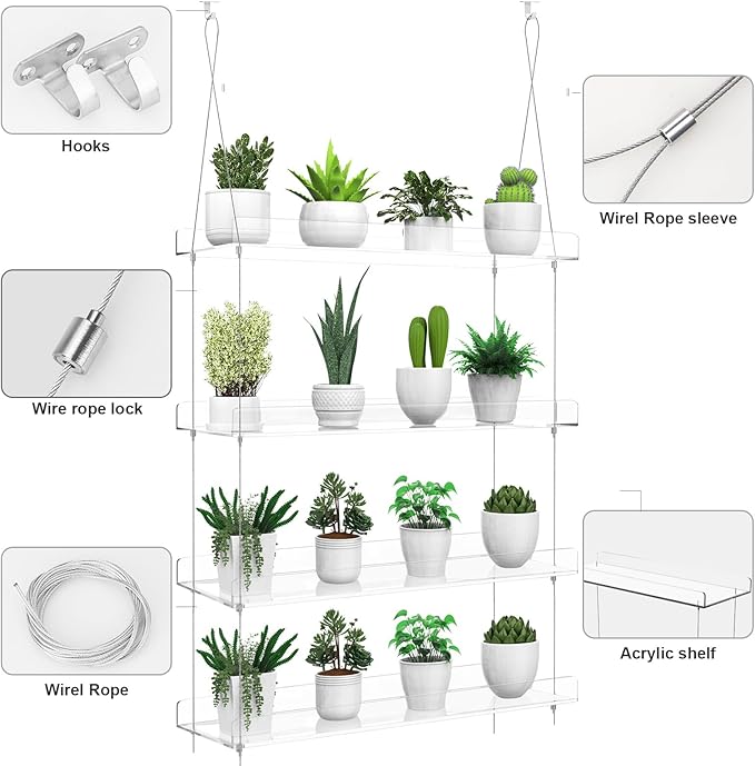 4-Tier Hanging Clear Plant Shelves for Windows, Acrylic Window Wall Plant Stand Shelf for Kitchen Indoor Gardens, Flower,Herb, Seedling Organization, and Pots Display, 16 Inch per Tier