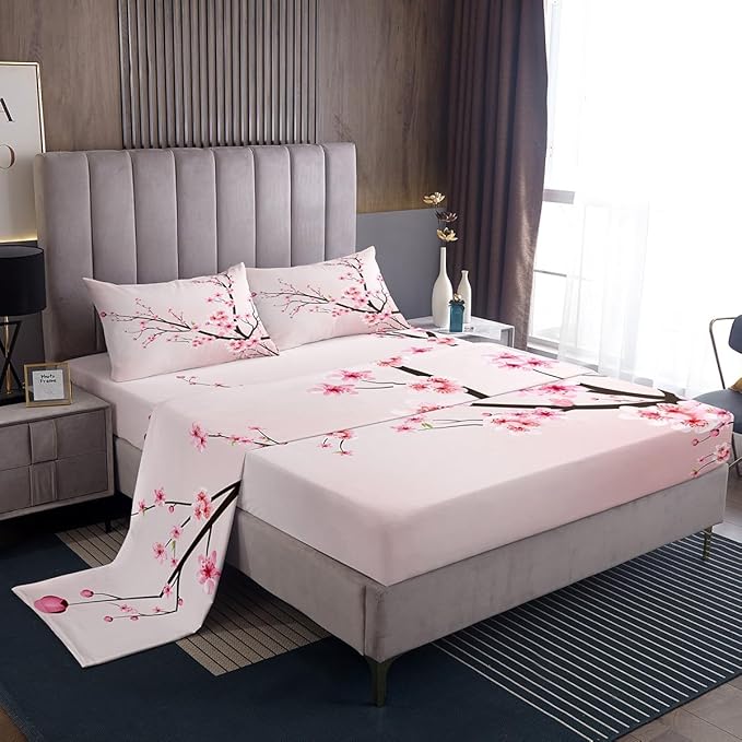 Feelyou Girls Sheets Full Cherry Blossom Floral Bed Sheet Set for Kids Women Teens Bedroom Super Soft Flowers Pink Decor Bedding Set (1 Flat Sheet,1 Deep Pocket Fitted Sheet, and 2 Pillow Case)