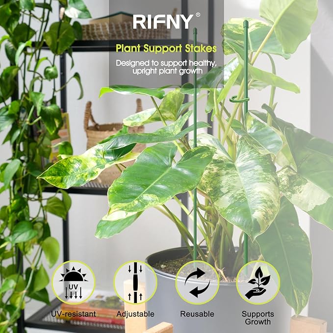 RIFNY Plant Stakes for Indoor Plants, 14 Inch Plant Support Stakes with Clips, Tall Adjustable Plant Sticks for Indoor Monstera Tomato Orchid Potted Plants Flower (10 PCS, Green)