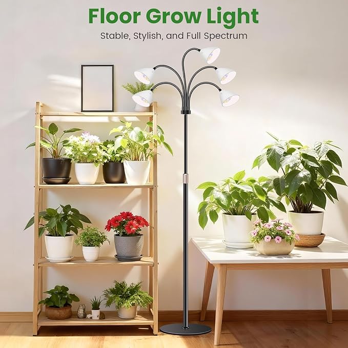Wolezek Grow Lights for Indoor Plants Full Spectrum with Stand, 5-Head 120 LEDs Floor Plant Grow Lamp for Large Plants, Auto ON/Off Timer 6/12/16H, 5 Dimmable Levels, Adjustable Height 16.5"-61"