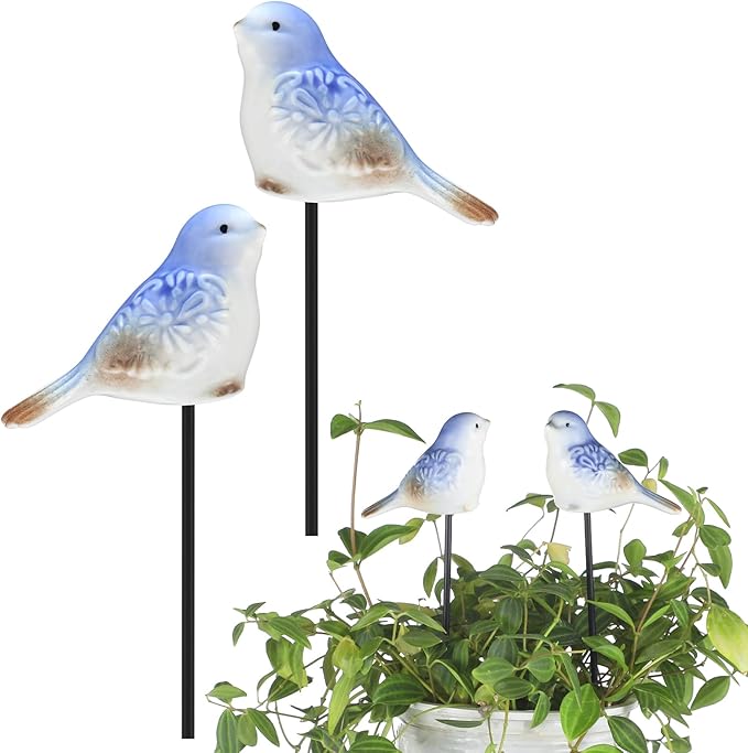 Sosation 2 Pcs Miniature Bird Decorative Stakes Ceramic Bird Figurines Cute Decorative Garden Stakes Mini Animal Garden Decoration for Fairy House Bonsai Indoor Outdoor Lawn Pathway Patio Ornaments