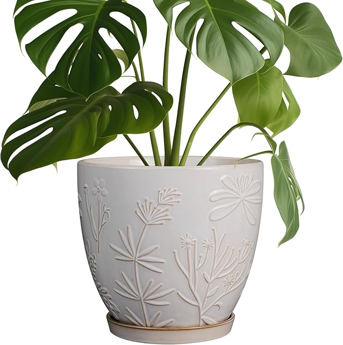 MPotTo 8 Inch Ceramic Pots for Plants Large Planter Pot with Drainage Hole and Saucer Round Flower Pot for Indoor Outdoor Decor, White