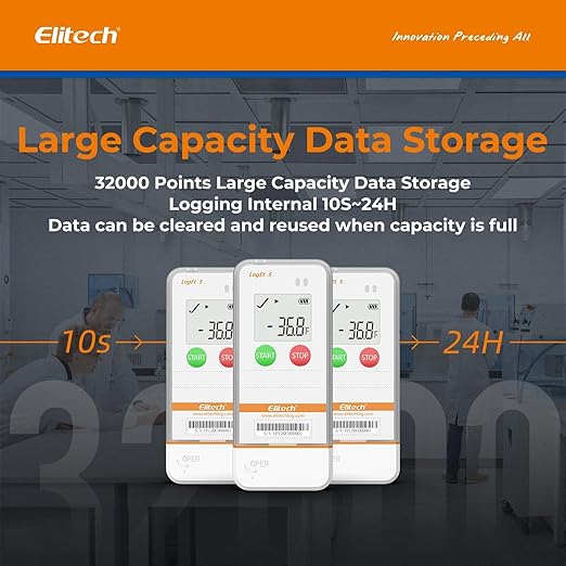 Elitech USB Digital Data Logger with Temperature Humidity External Probe Reusable Recorder with Shadow Data 32000 Points, Auto PDF/CSV Report, for Windows/MacOS, Refrigerator Thermometer LogEt5THE