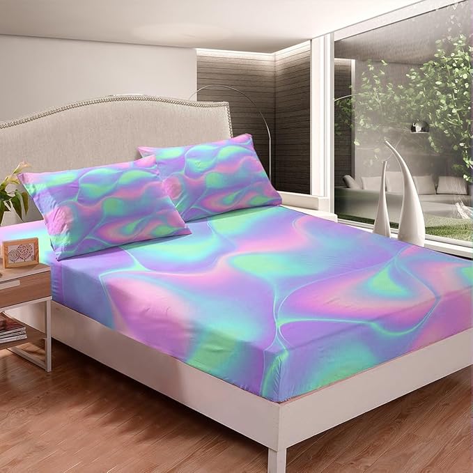 Feelyou Kid’s Bed Sheet Set Girls Chic Bright Colorful Abstract Soft Twin Bedding Set, 1 Flat Sheet,1 Deep Pocket Fitted Sheet, and 1 Pillow Case, Super Soft Easy Care, Teens Women Bedroom Decor