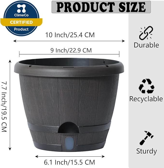 Sun-E 10 Inch Self Watering Planters 3-Pack - Rustic Whiskey Barrel Flower Pots with Water Level Indicator & Drainage, Farmhouse Decor for Indoor Outdoor Plants (Dark Brown Wood Grain)