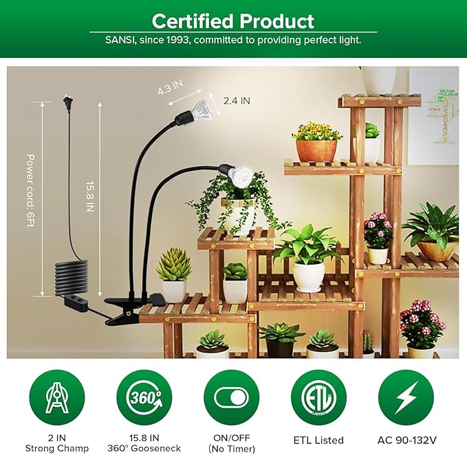 SANSI LED Grow Lights for Indoor Plants, 300W Full Spectrum Gooseneck Clamp Grow Lamp, 20W Power Plant Light with High PPFD for Seeding, Lifetime Free Bulb Replacement Plant Lights for Indoor, 2 Head