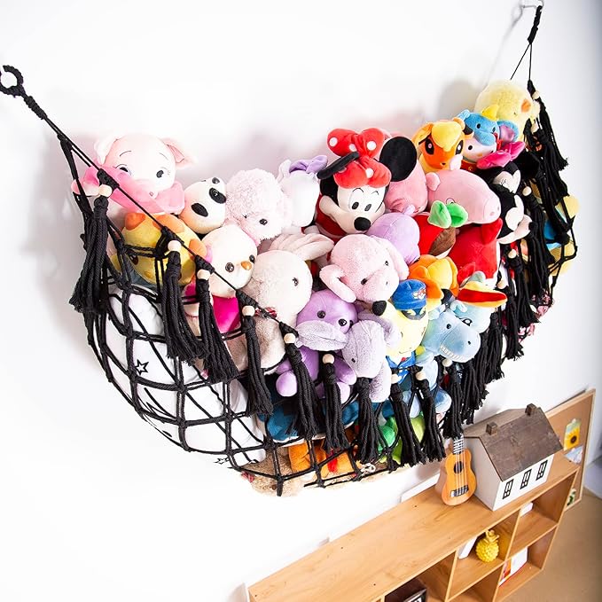 YKBU Large Stuffed Animal Net or Hammock Macrame Toy Display Plush Toy Holder Wall Hanging Net for Stuffed Animal Storage_Black