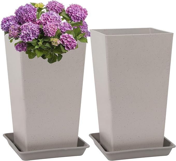 Neoaider Set of 2 Tall Planter, 21 inch Large Plastic Planter with Drain Hole & Saucers, Large Outdoor Planters for Porch, Garden, Patio, Balcony(Light Gray)