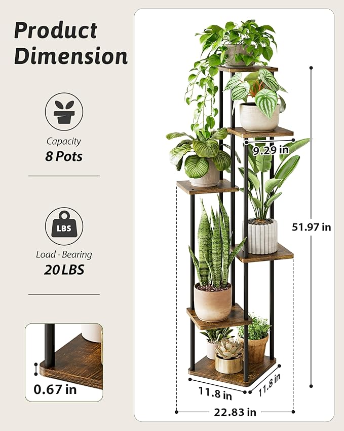 GENTINGBRO Corner Plant Stand Indoor 6 Tiered Plant Shelf for Multiple Plants Tall Plant Stand Shelf Wood Plant Stands Metal Shelving for Living Room Bedroom Balcony Brown Oak