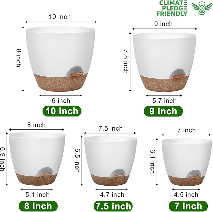 QRRICA Plant Pots 10/9/8/7.5/7 Inch Self Watering Pots, Set of 5 Plastic Planters with Drainage Holes and Saucers,Plastic Flower Pots,Nursery Planting Pot for Indoor Out Door Plants（White）