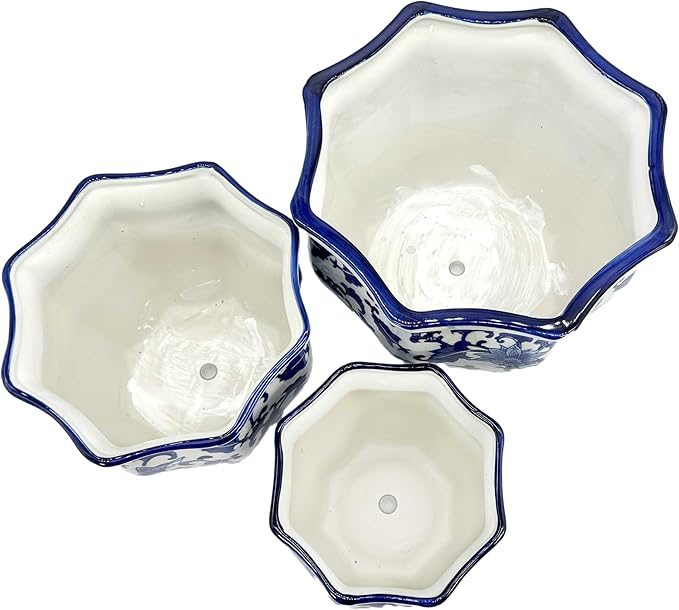 Galt International Blue & White Round Fluted Floral Porcelain Ceramic Plant Flower Planter Pot Set of 3 (7.5", 10", 13") Garden Pots Chinese Asian Design