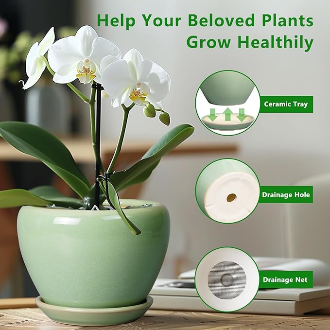 Ceramicfor Ceramic Planter Pot - 10 Inch Plant Pot for Indoor Plants Decorative Planter with Drainage Hole and Saucer Large Pot for Plants Outdoor Round Flower Pot for Garden Green