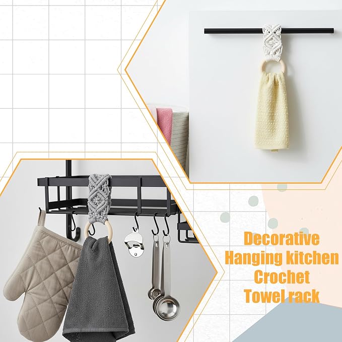 2 Pcs Kitchen Towel Holder, Dish c Hanger with Beech Wood Ring for Hanging Kitchen Towels, Cotton Crochet Dish Towel Holder for Kitchens, Over Cabinet Towels Holders (Grey and Beige)