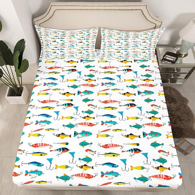 Fish Sheets Set Twin Size Cute Fish Bait Sheets with Deep Pocket Fitted Sheet for Kids Boys Girls Colorful Fishing Hooks Bed Sheet Set Nature Fishing Theme Bed Set Room Decor 3Pcs with 1 Pillow Case