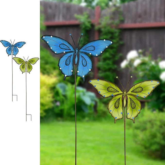 Garden Decor Metal Yard Stakes Spring Lawn Art Decorative Plant Stake Indoor Outdoor Ornaments Decoration for Patio Pathway Backyard (Blue + Green Butterfly)
