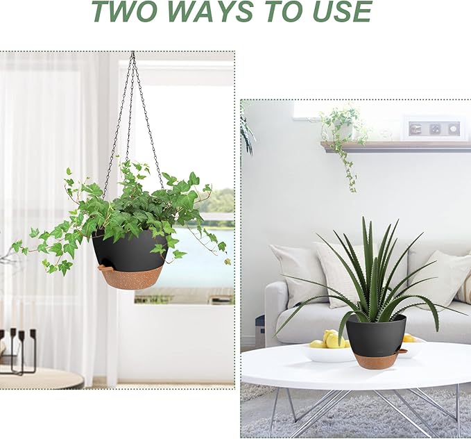 Vanslogreen Hanging Planters for Indoor Outdoor Plants, 2 Pack Self Watering Hanging Pot with Drainage Holes & Removable Tray (Black, 8'')