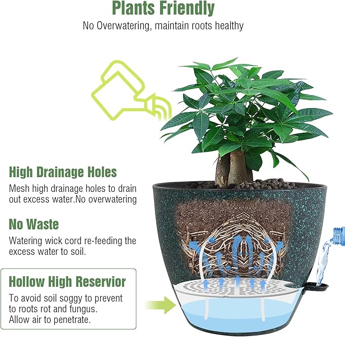 UOUZ 12 inch Large Self Watering Pots, Plastic Planters with 60oZ Removable Deep Reservoir and Multi Mesh Drainage Holes for Indoor Outdoor Garden Plants and Flowers, Black with Green Speckles
