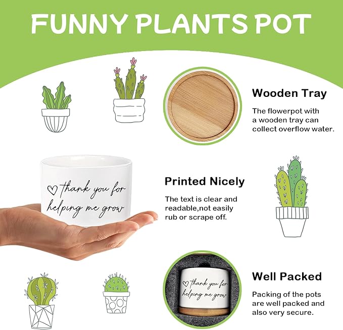Thanks for Helping Me Grow Funny Plant Pots Thank You Pot Without Plant, Small Succulent Plant Pot Indoor Planter for Women Men Friend Coworker Housewarming Gift (No Plant)