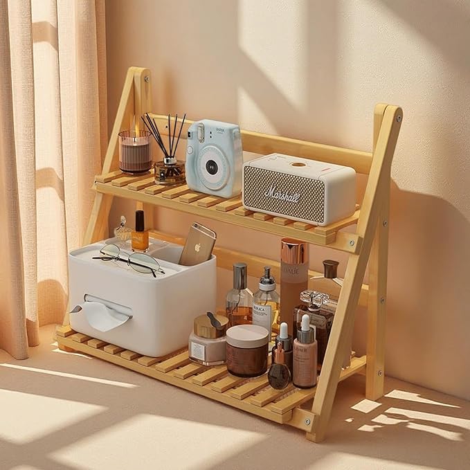 Matcha Station Organizer Shelf：Bamboo organizer for coffee bar,Matcha Whisk,Small plants,bathroom,11.7" Foldable Countertop Display Rack for Kitchen,Window Sill&Living Room 2 Tier