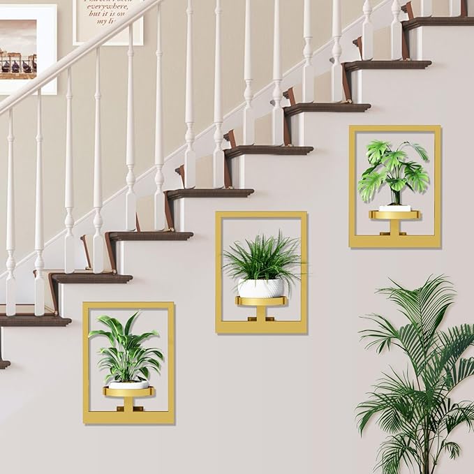 Wall Plant Shelf, Hanging Frame Decor Planter for Indoor Plants, Wall Plant Holder for Living Room/Entryway/Garden Flower Pot Holder Free Garden Shears (Square-Gold, 2Pcs)