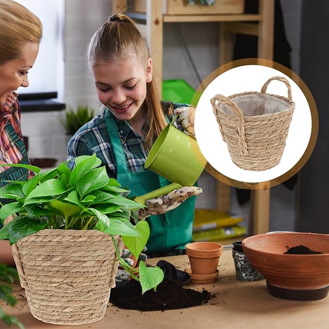 Alipis Seagrass Basket Planters Flower Pots with Plastic Liner, Plant Containers Storage Holder Wicker Rattan Vase with Handle