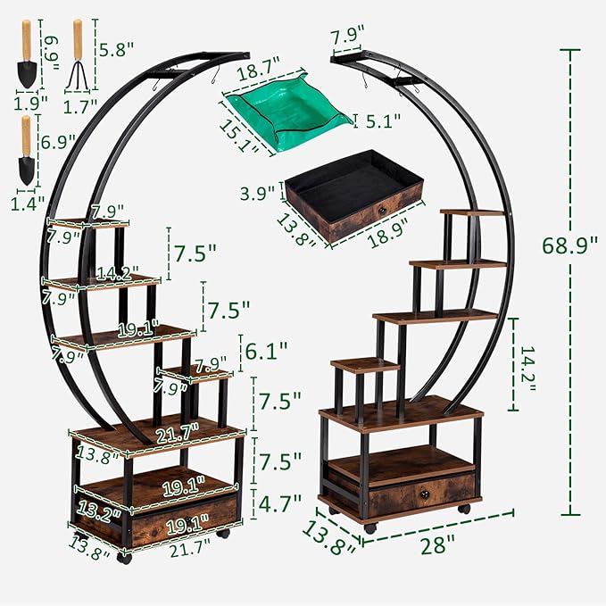 7-Tier Half Moon Indoor Plant Stand with Lockable Wheels, 71” Tall Plant Shelf with Drawer & Accessories, Plant Holder Display Rack for Multi-plants, Large Plant Rack for Patio Balcony Living Room (Half Moon)