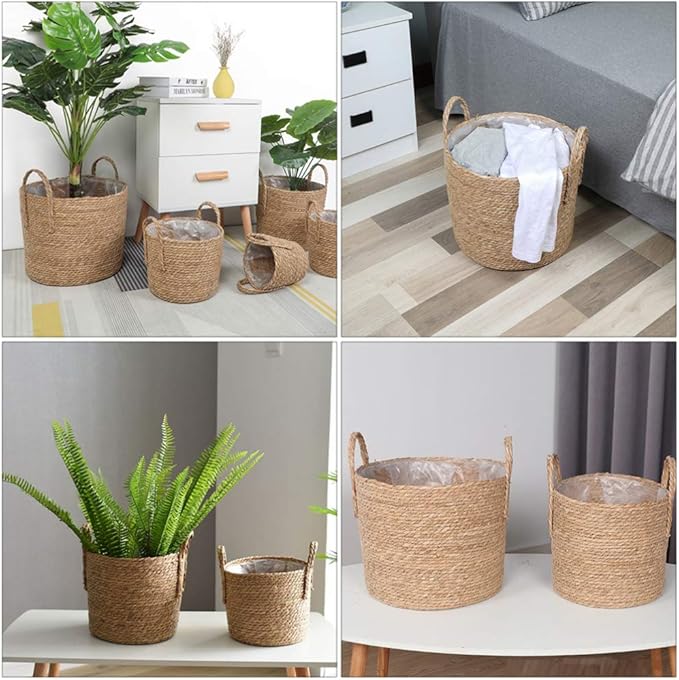 Yardwe Woven Flower Basket Straw Weaving Basket Plant Flower Pots Cover Garden Plant Containers Wicker Rattan Vase Storage Bins Box Container Sundries Organizer 6.3inchs