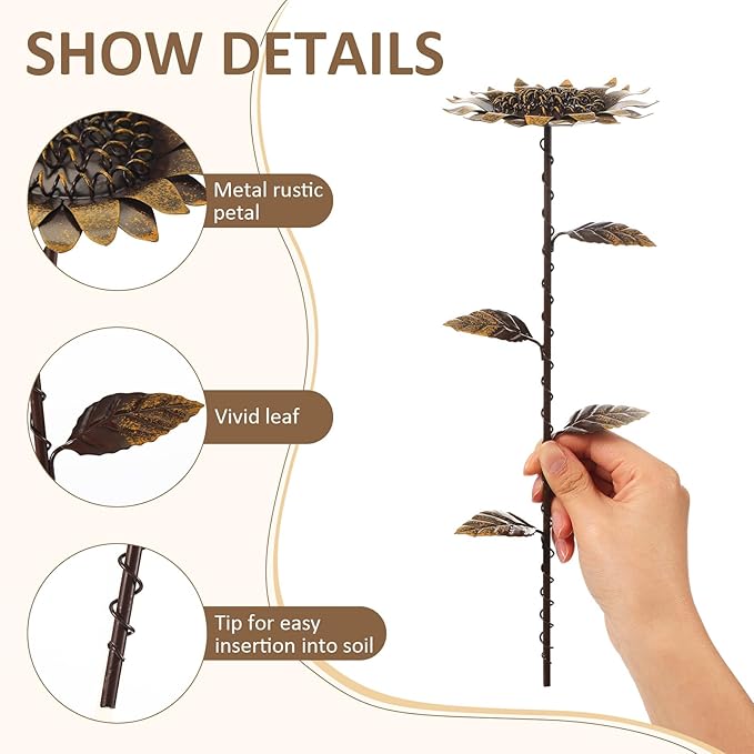 AceOrbit 5 Pcs Rusty Garden Stakes for Outside 11.8" Metal Art Decor Bed Decor Weatherproof 3D Rusty Plant Pick for Farmhouse Outdoor Yard Lawn Patio Walkway Pathway Decoration (Sunflower)