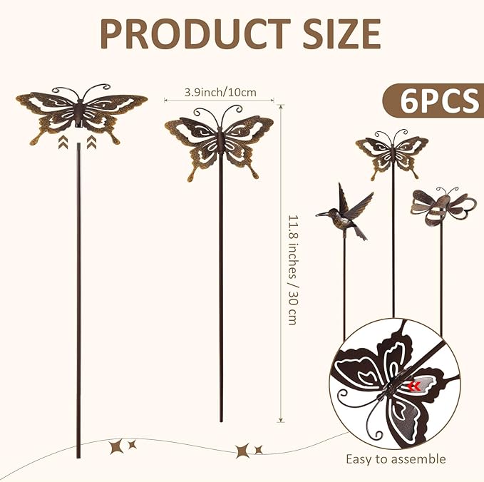 AceOrbit 6 Pcs Rusty Yard Stakes Spring Decor 11.8" Metal Butterfly Hummingbird Bee Stakes Rust Proof Plant Sticks Flowers Bed Decor for Farmhouse Outdoor Yard Lawn Patio Walkway Pathway (Insect)