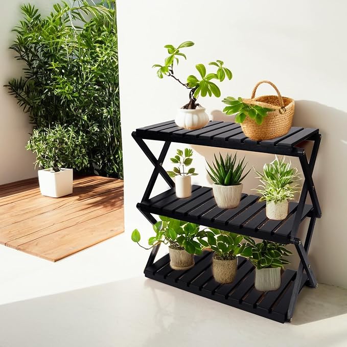 BEEFURNI Acacia Plant Stand Indoor, Wooden Outdoor Plant Stand, Foldable Plant Stand, 3 Tier Conner Space Flower Stand, Plant Ladder Stand (Black)