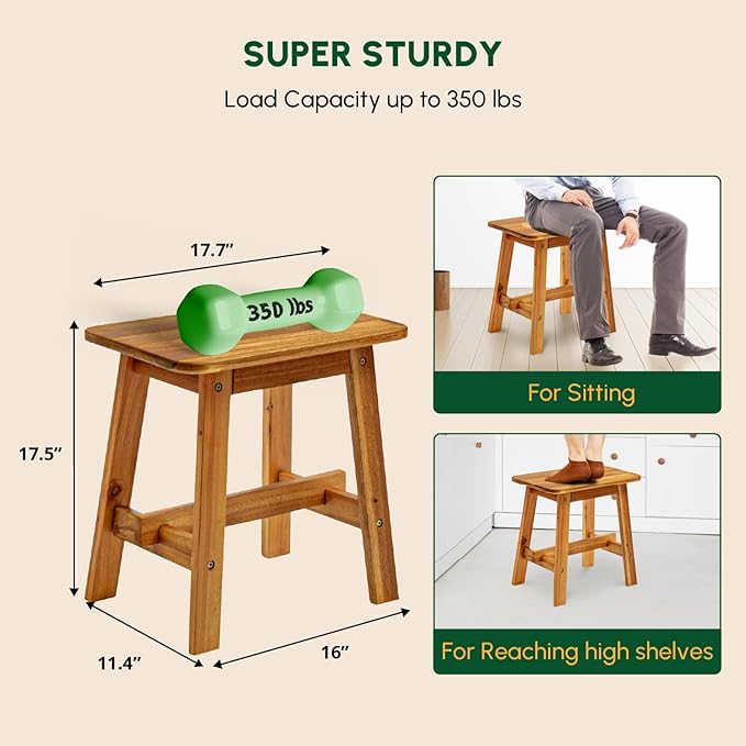 BEEFURNI Rectangular Acacia Wood Stool, Small Bench Seat, 18 Inch Stool, Wood Bathroom Vanity Bench, Plant Stand Indoor, 350 LBS Load Capacity, 1-Year Manufacturer Warranty (Natural Acacia)