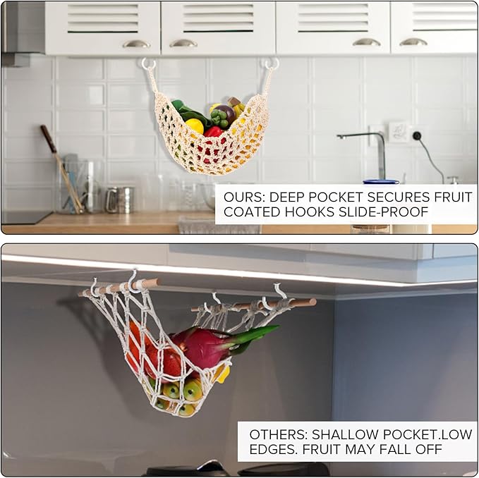 Hanging Fruit Hammock with Hooks Under Cabinet Macrame Basket for Kitchen Hand-Woven Boho Fruit Holder Net Organization Banana Basket for Home Dining Room Cabinet Decor Boat Camper Rv