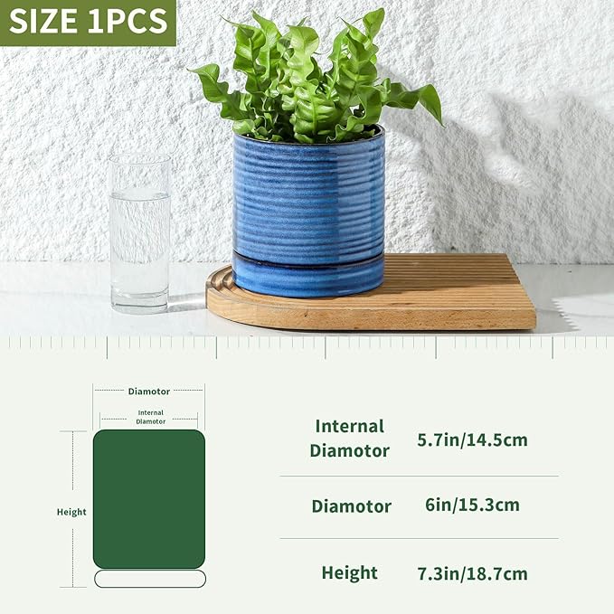 HASENSE Ceramic Plant Pots Indoor Outdoor, 6 Inch Round Pot for Plants with Drainage Hole and Saucer, Reactive Glaze Blue Planter for Herb Snake, Ideal for Mom Gift