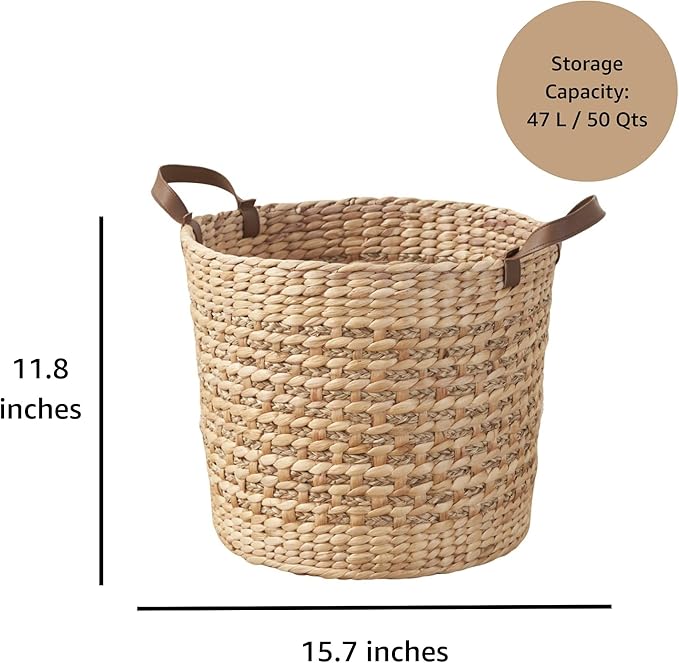 Isidore Water Hyacinth Storage Basket, Round Woven Design (Natural Brown, 15.7 x 15.7 x 11.8 in)
