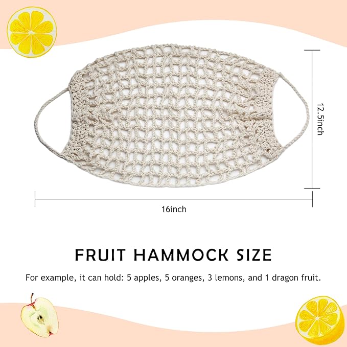 Fruit Hammock Under Cabinet with Hooks, Macrame Hanging Fruit Basket for Kitchen, Produce Hammock Banana Hanger, Boho Fruit and Veggie Storage Net, Space Saving Kitchen Organizer.