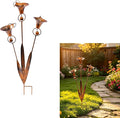 Flamed Copper Calla Lily Garden Stake with 3 Bells - 24" Large Metal Rain Catcher Flower Sculpture, Weather-Resistant Outdoor Yard Art Decor for Patio, Backyard & Gardening Gift (1 pcs)
