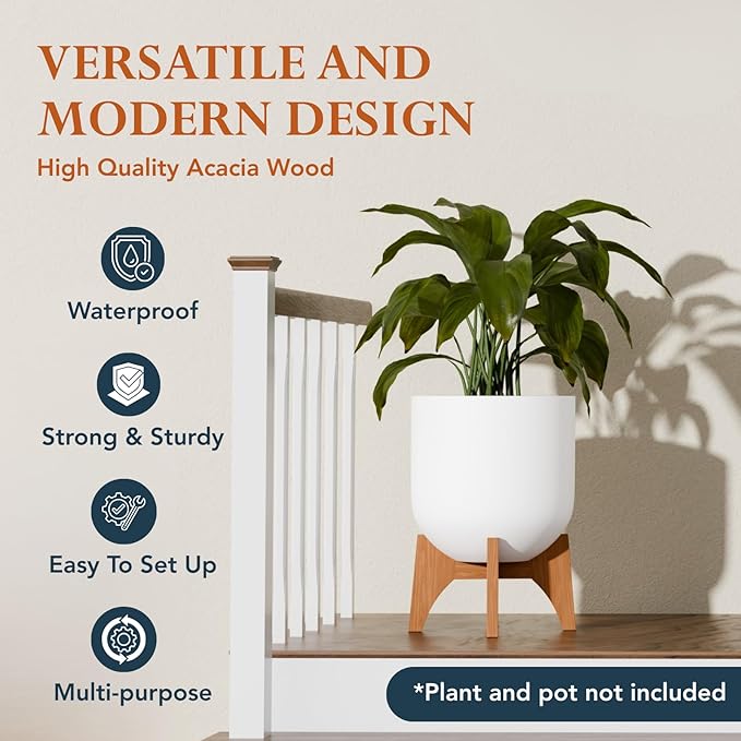 KUTE NEST Acacia Wood Plant Stand - Elegant Match for Corso/Arco Planter, Small Indoor Solid Wood Plant Holder with Walnut Finish for Modern Home Decor (Walnut, Low - Small)