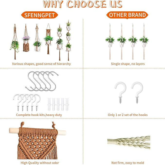 SFENNGPET Macrame Plant Hangers, 6Pack Hanging Planters for Indoor Plants w/ 6 Set Hangers Kit Handmade Macromay Plant Hangers Indoor Flower Pots Holder Stand for Boho Home Décor (POTS NOT Included)