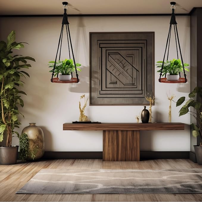 E-Know Macrame Plant Hanger - 2 Set Indoor Hanging Planter Shelf - Hanging Planter Rack Decorative Flower Pot Holder - Handmade Cotton Plant Hangers with Wood Tray