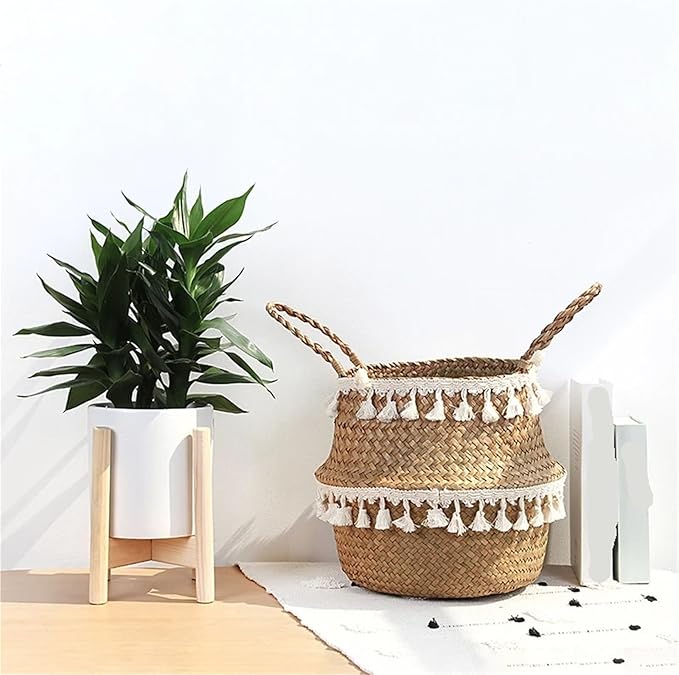 Snacko Handmade Bamboo Storage Baskets - Foldable Laundry Wicker Rattan Seagrass Belly Planter Baskets For Home Decor And Garden Use(Color 2,S 22cmX20cm)