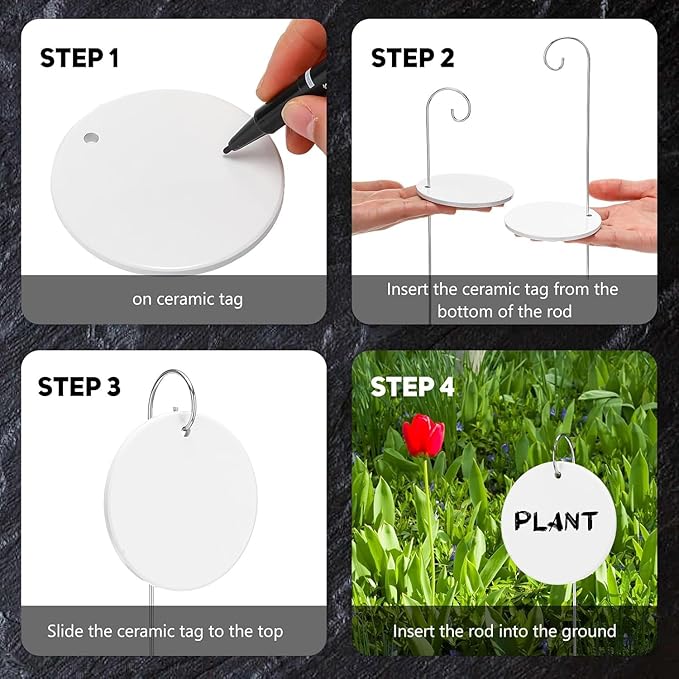 CroBlissful 12 Pcs Plant Labels Ceramic Garden Sign Markers 3 Inch Round Garden Labels Reusable Waterproof Ceramic Plant Sign Tags with Stainless Steel Stake and Pen for Flower Vegetable Potted Plant