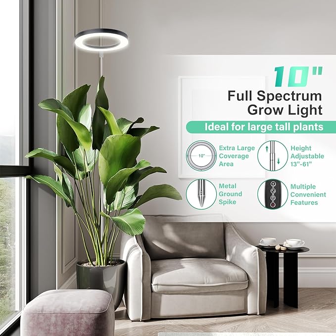 LORDEM 10" Full Spectrum Grow Light, 160 LEDs Plant Lamp for Indoor Plants, Grow Lamp with 4/8/12H Auto Timer, 6 Dimmable Levels, 3 Spectrum Modes, 65" Height Adjustable, Ideal for Large Tall Plants