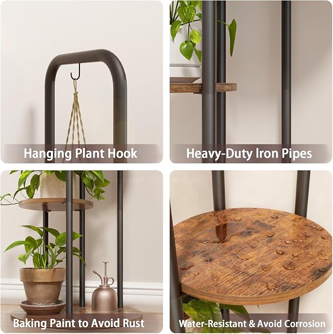 REFGY Tall Plant Stand Indoor - 5 Tier 6 Potted Vertical Plant Shelves with Hanging Hook - Multi-Tiered Wood Textured Plant Tower for Corner Space - Metal Plant Table for Home Office Decor, Rustic Brown