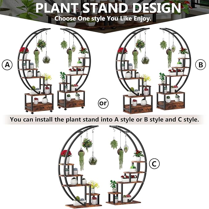 2 Pcs 6 Tier Tall Metal Indoor Plant Stand with Detachable Wheels,Half-Moon-Shaped Plant Shelf Holder with Drawer,Multi-Purpose Plant Stands for Home Decor,Balcony,Patio,Garden,Rustic Brown