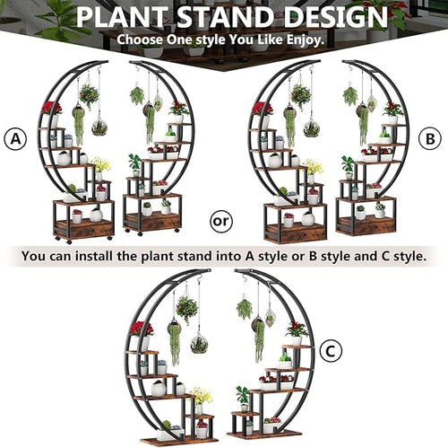 2 Pcs 6 Tier Tall Metal Indoor Plant Stand with Detachable Wheels,Half-Moon-Shaped Plant Shelf Holder with Drawer,Multi-Purpose Plant Stands for Home Decor,Balcony,Patio,Garden,Rustic Brown