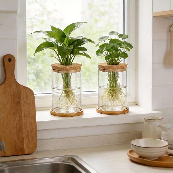 Glass Plant Propagation Stations, 2PCS Hydroponic Vases with Wooden Lid and Bamboo Stand for Plant Growing, Home & Office Decor