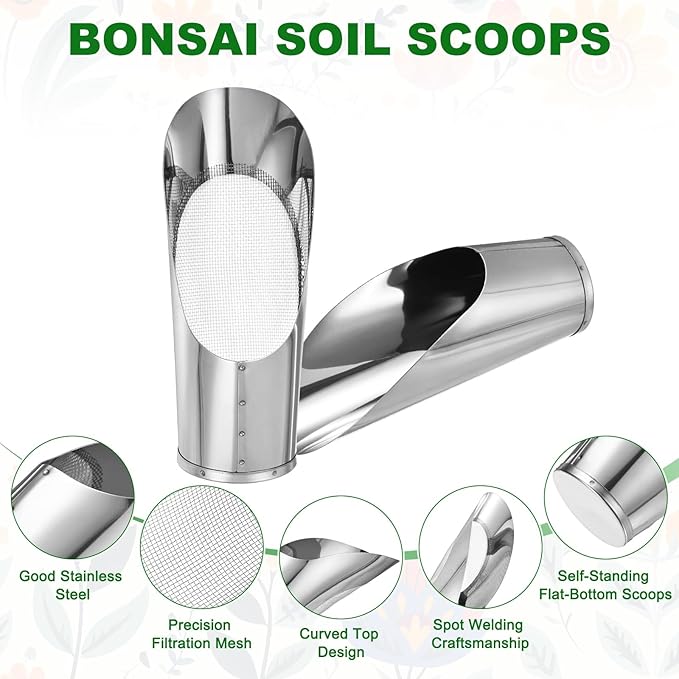 M METERXITY 1-Set Bonsai Soil Scoops, 2.8inch/7.2cm Stainless Steel Garden Soil Scoop Bucket Shovels and Soil Sifter for Transplanting/Flower Planting, Small Gardening Tools [Silver Tone]