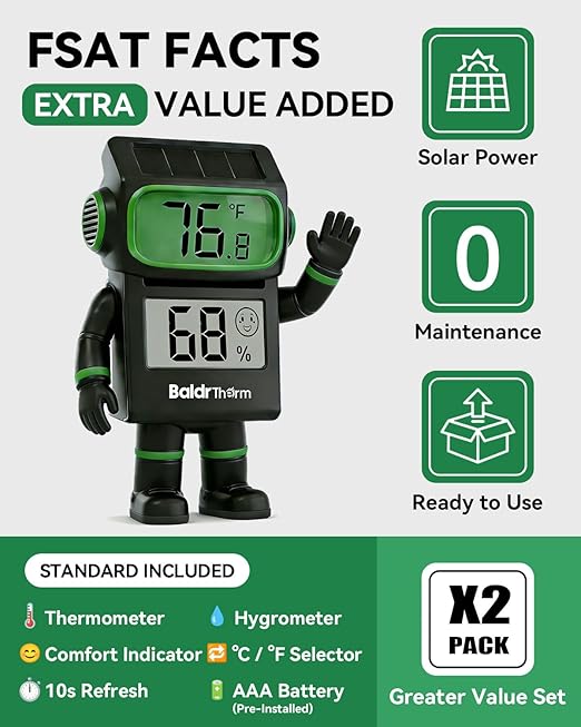 BALDR 2-Pack Digital Hygrometer Thermometer, Solar Power with Battery Backup Temperature and Humidity Monitor, Mini Room Thermometer with Comfort Indicator (Black)