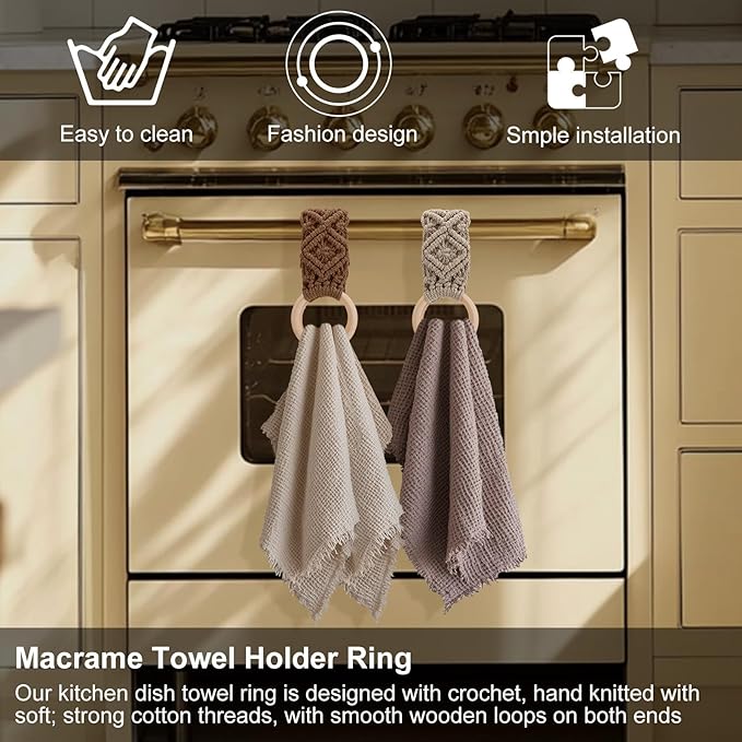 Tioncy 4 Pcs Kitchen Dish Towel Holder Boho Handmade Crochet Hanging Towels Loop Ring Knit Towel Hanger for Cabinet House Oven Stove Door, 4 Colors(Brown)